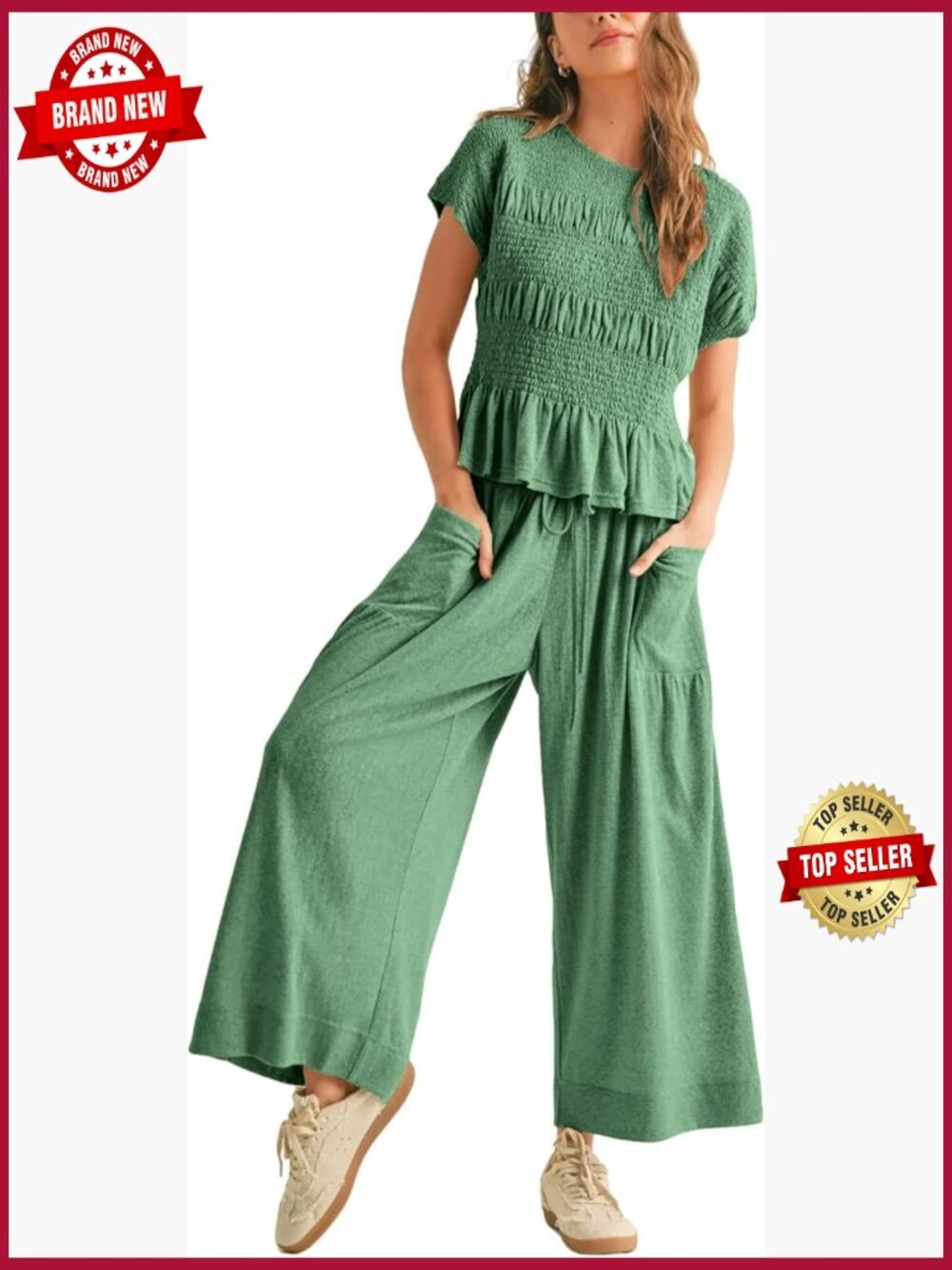 2 Piece Smocked Top Wide-Leg Pants Set High-Waisted Lounge Outfit with Pockets